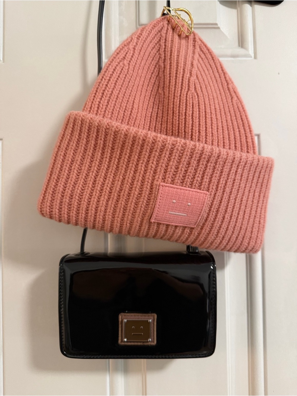 Bundle Acne Black Patent Leather Crossbody with Brown Face Plaque and Beanie